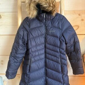 Marmot Navy Puffer Jacket with Faux Fur Hood